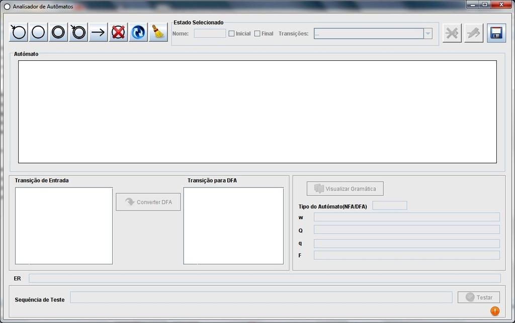 Figura 1. Tela Principal. Na ferramenta se encontra todos os componentes necessários para a criação e manipulação do autômato.