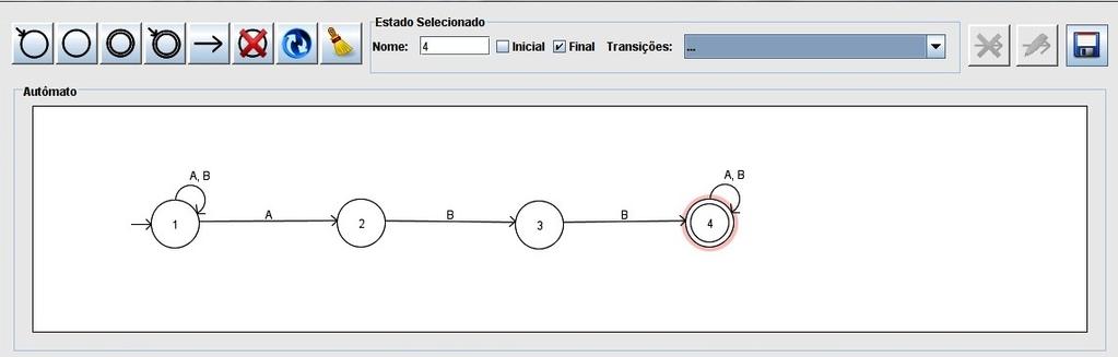 As Figuras 2 e 3 exibe a área de Edição Gráfica da ferramenta, onde é possível o usuário manipular um autômato a partir de componentes predefinidos, permitindo assim uma maior interação do usuário