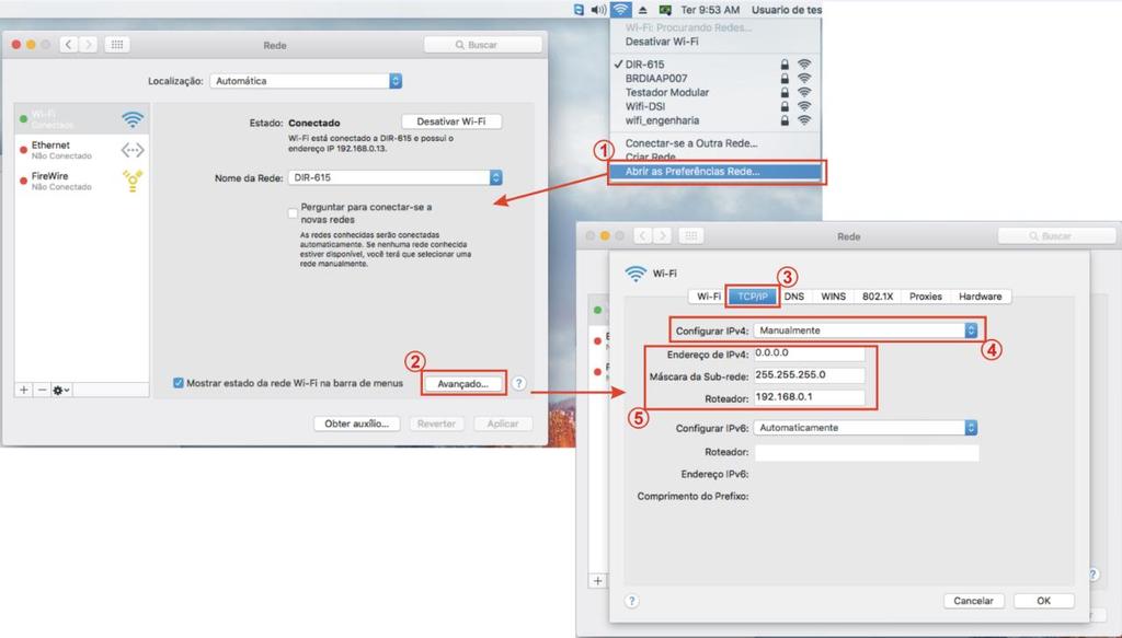 MAC - Clique no ícone de conexão de rede na barra de tarefas: Observação: Instrução 5: Poderá ser utilizado a configuração do IP