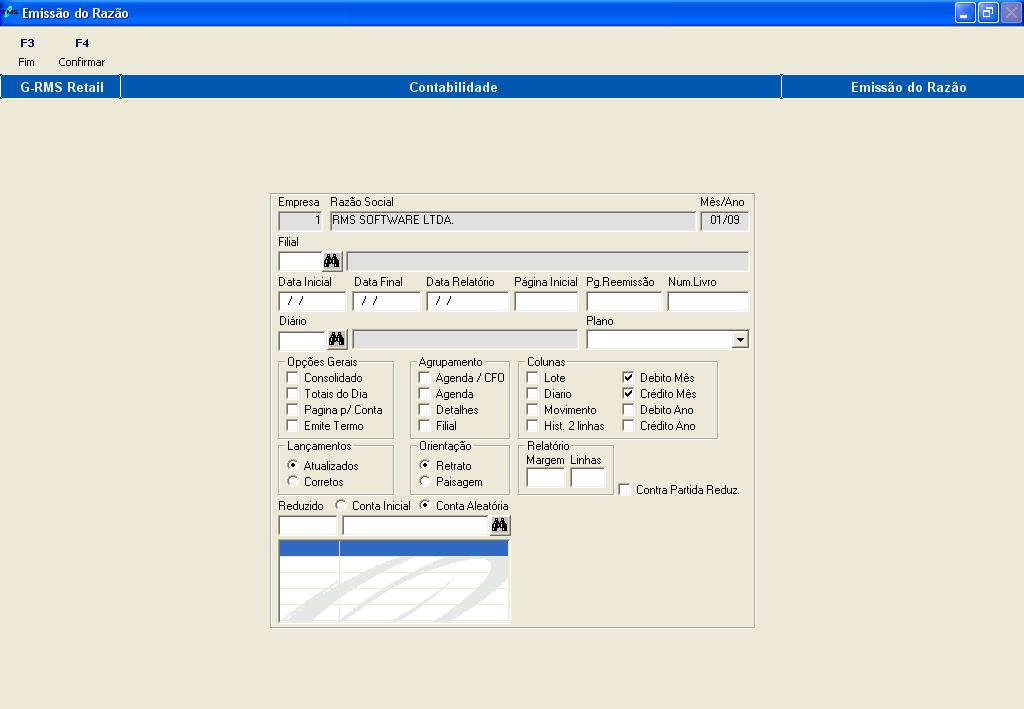 Razão Emite o relatório Razão. Informe os dados solicitados para a emissão do relatório: Empresa. Razão Social. Mês / Ano. Filial. Conta Inicial. Conta Final. Data Inicial. Data Final. Data Relatório.