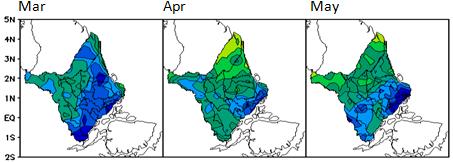 oriental do Estado tanto nos dados observados em pluviômetros (Figura a) quanto nos dados do algoritmo 3B43 (Figura b).