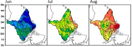 superestimação nos valores de precipitação na região central do Estado em relação ao observado em superfície.