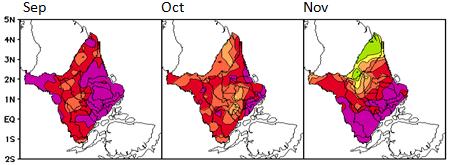 Precipitação mensal total do ano de 009 no Estado do Amapá medida através de pluviômetro para os meses: (a) de