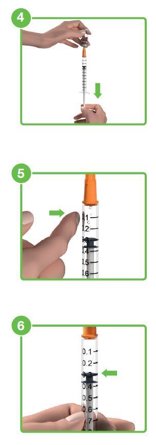 Injetar Strensiq Com a agulha mergulhada na solução, vire o frasco ao contrário juntamente com a seringa, e puxe o êmbolo para introduzir a dose correta na seringa.