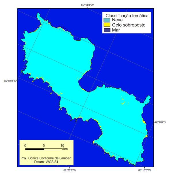 Segundo os dados de reflectância da imagem, deveria haver mais gelo sobreposto nas áreas próximas ao mar (Figura 34 A), enquanto que a área classificada como neve, mostra limites condizentes com os