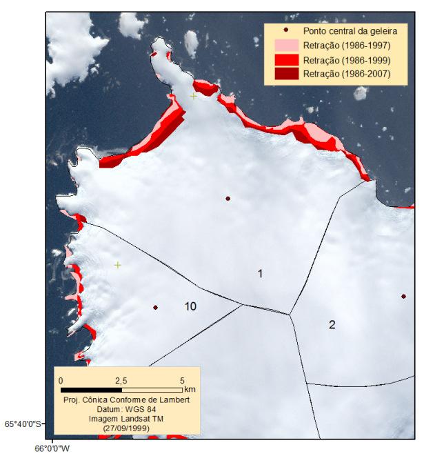 As geleiras 1 e 2 apresentam respectivamente 74 (Figura 36 A) e 60 km² de área (Figura 36 B) com uma retração total de mais de 700 e 300 m, respectivamente, em algum ponto da frente da geleira.