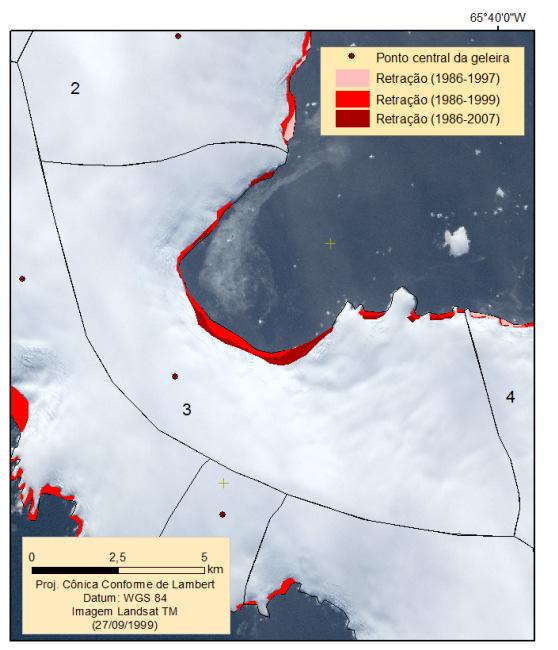A B Figura 37: Retração das frentes das geleiras em 1997, 1999 e 2007 e