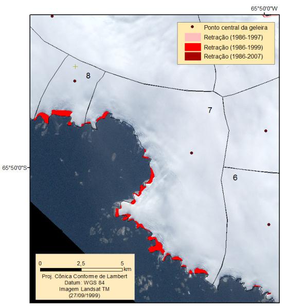 A geleira 7 (Figura 39 A) foi a que apresentou maior retração no período de estudo, sendo de 65 m/ano e a geleira 8 (Figura 39 B) com retração de 34 m/ano, ambas consideradas como de retração marcada.