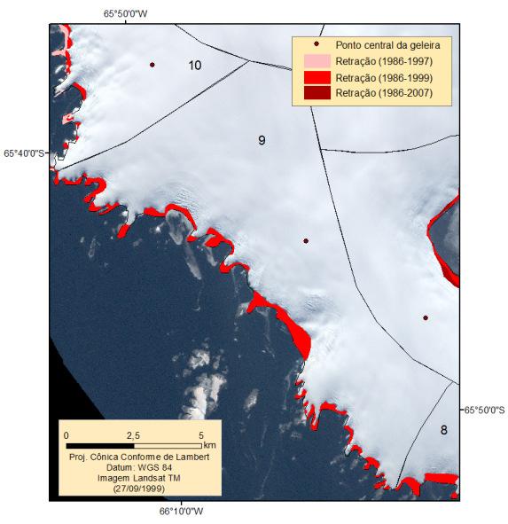 A B Figura 40: Retração das frentes das geleiras em 1997, 1999 e 2007 e localização do ponto central da geleira 9 (A) e 10 (B).
