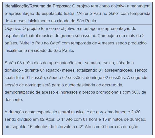 No quadro acima, o produtor cultural não apresenta informação relevante sobre seu projeto.