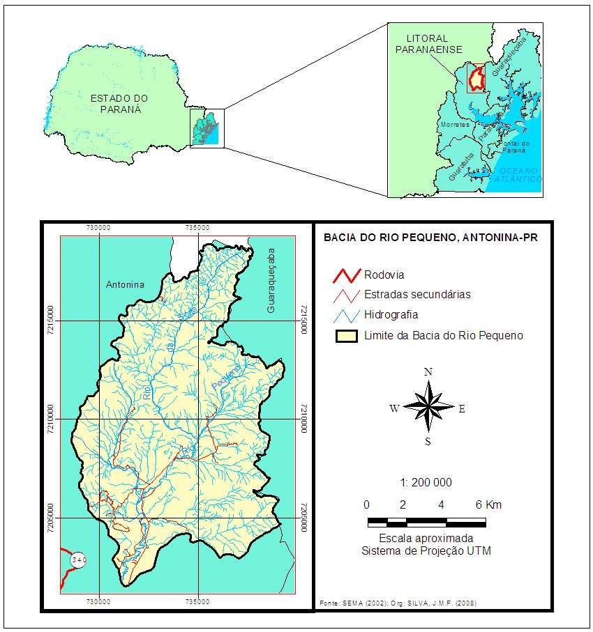 em escala de maior detalhe, onde podem ser acrescentados dados ligados a morfometria, morfogênese e cronologia. Figura 1: Localização da Bacia do Rio Pequeno, Antonina PR.