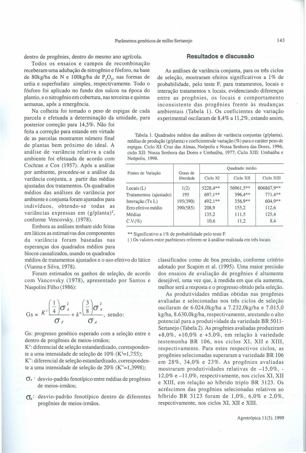 Parâmetros genéticos de milho Sertanejo 143 dentro de progênies, dentro do mesmo ano agrícola.