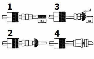 9.2 LINHA UHF COM REDUTOR MONTAGEM P/ CABO RGC-58 E RGC-59 1) Cortar a ponta do cabo e remover 18mm da capa de vinil. Introduzir a capa do conector e o adaptador redutor no cabo.