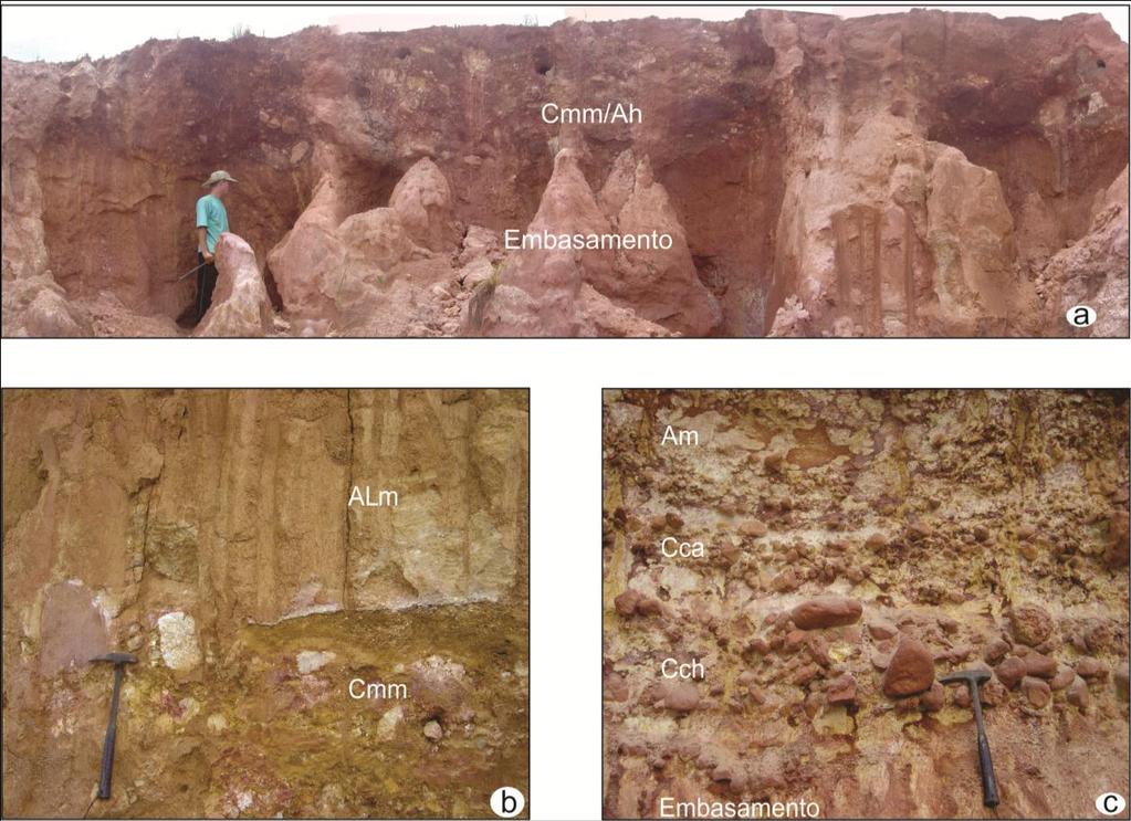 Figura 2. (a) Associação de fácies Cmm/ALm(Am,Ah)/Lm em inconformidade com o embasamento gnáissico saprolitizado, no ponto 4.