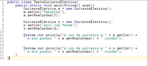 Pág 29 6.3.1 EXEMPLO 3 ELABORANDO UMA PROTEÇÃO AOS SEUS DADOS DE UMA CLASSE Criaremos uma classe GuitarraEletrica, esta será composta pelas variáveis de instância cor, numcordas e defineuso.