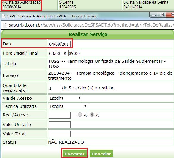 Guia de SP/SADT As guias podem ser realizadas antes da data de autorização: Guia de SP/SADT