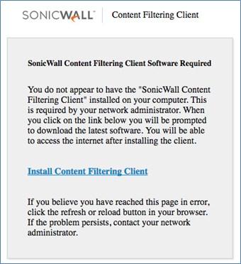 para instalar o Cliente de filtragem de conteúdo SonicWall. Para instalar o cliente: 1 Clique em Install Content Filtering Client (Instalar o cliente de filtragem de conteúdo) na página de bloqueio.