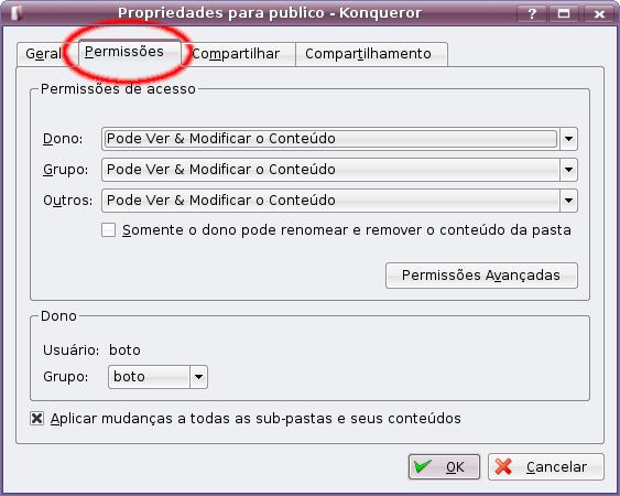 Vá na aba Permissões e altere as permissões de