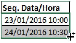 Figura 224 - Incremento de Data e Hora. Observe que quando há Data e Hora, o Excel incrementa apenas a Data. 22. Para o campo Seq.