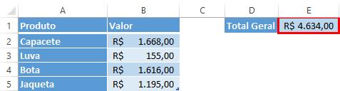 5. Clique no valor do produto Capacete (B2); 6. Digite + (mais); 7. Em seguida, clique no valor do produto Luva (B3); 8. Digite + (mais); 9. Clique no valor do produto Bota (B4); 10.