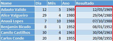 4. Digite = (igual); 5. Digite DA; 6. Pressione TAB; 7. Clique na célula D2 (1969); 8. Digite ; (ponto-vírgula); 9. Clique no mês, célula C2 (mês 5); 10. Digite ; (ponto-vírgula); 11.