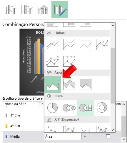 ALTERAR TIPO DE GRÁFICO Para alterar o tipo de gráfico, usaremos o gráfico de linha que representa a Média. Para isso, faça o seguinte. 1.