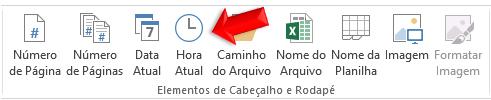 Figura 486 - Data Atual. HORA ATUAL Adicionar a hora atual ao cabeçalho ou rodapé. 1. Clique em um cabeçalho ou rodapé no modo de exibição Layout de Página. 2.