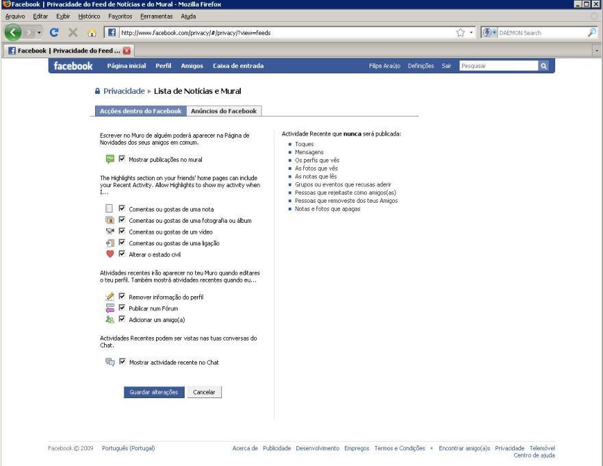 Passamos agora para o Feed de Notícias e Mural, onde poderá optar por mostrar publicações ou não.