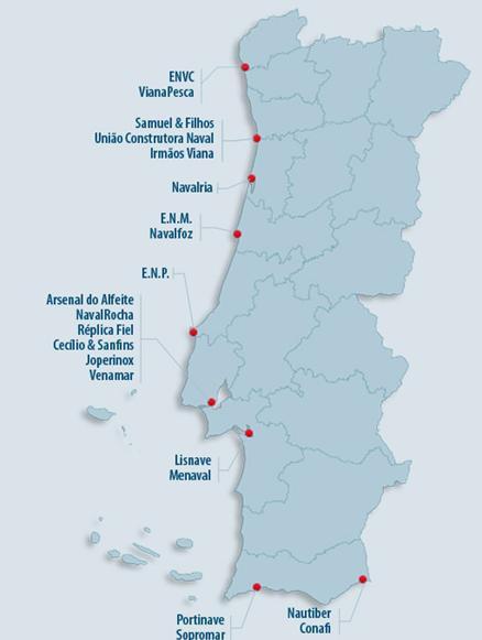 Figura 73 - Associados da Associação das Indústrias Navais 55 A questão da existência de estaleiros navais ao longo de toda a costa, nas zonas portuárias, sublinhando especialmente a costa oeste a