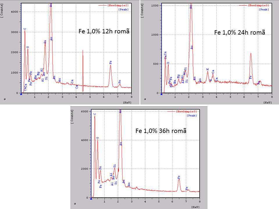 Nos espectros de EDS das amostras de carvão impregnado com 1,0% de Fe (Figura 2), podemos observar sinais característicos da presença de Fe, indicando a impregnação das nanopartículas no carvão.