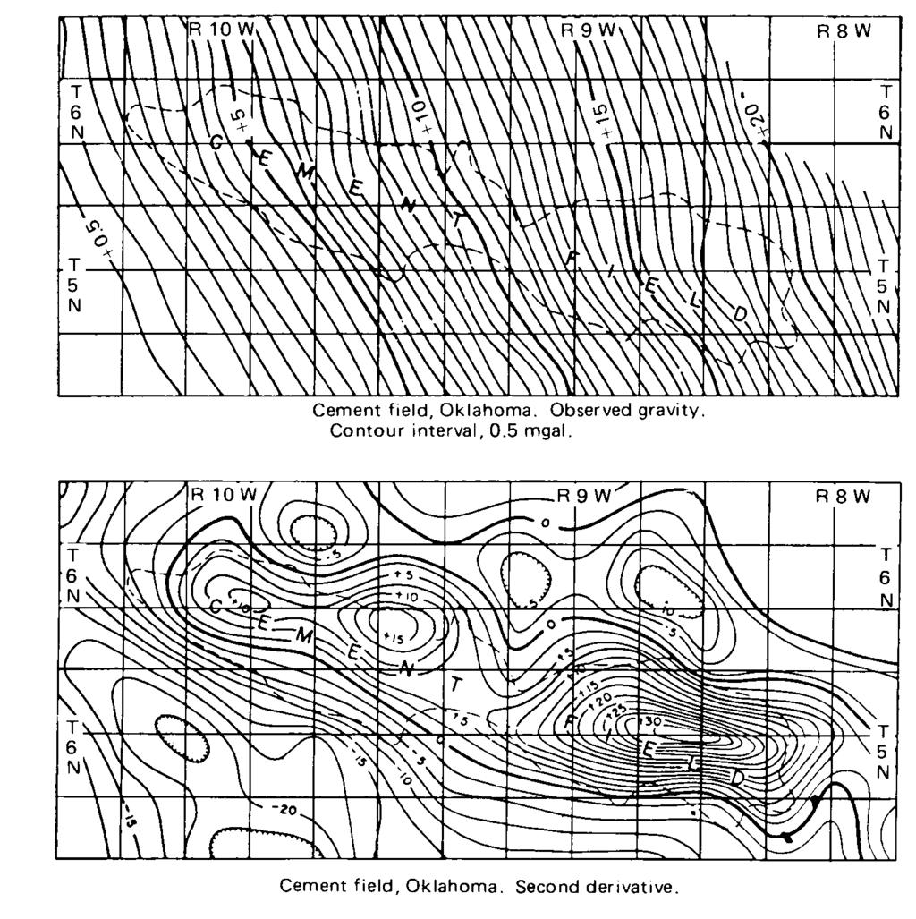 1.6. APLICAÇÃO DA GRAVIMETRIA 13 Figura 1.9: Mapa de anomalia Bouguer (figura superior) e mapa da derivada segunda (figura inferior) (Sharma, 1982). 1.6 Aplicação da Gravimetria Como já foi dito no início dessa seção, a gravimetria é um método para reconhecimento das grandes traços estruturais de uma bacia sedimentar.
