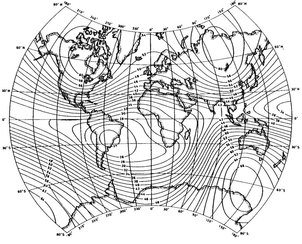 2.1. A PROPRIEDADE FÍSICA RESPONSÁVEL PELA MAGNETIZAÇÃO17 Figura 2.2: Mapa de intensidade total do campo magnético terrestre em 1980. Interva lo de contorno de 2000.