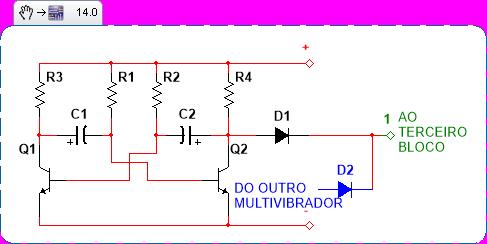 brincadeiras e experiências com eletrônica - volume 9 Figura 6 Neste circuito a frequência de operação do multivibrador depende dos resistores que polarizam as bases dos transistores (R1 e R2) e dos