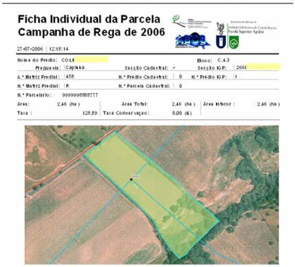 Figura 15 Relatório Individual da Parcela Campanha de Rega 2006.