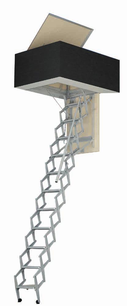 ESCADAS PARA TERRAÇOS INTERIORES Escada retrátil para terraço composta por 11 degraus e estrutura móvel, realizados em chapa de aço 15/10 galvanizada e com molas amortecedoras que facilitam a