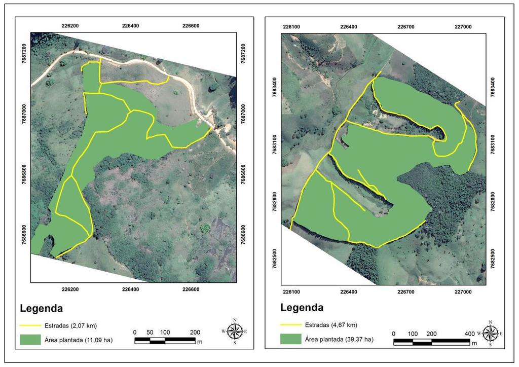 Figura 2. Mapeamento das estradas florestais das quatros propriedades analisadas.