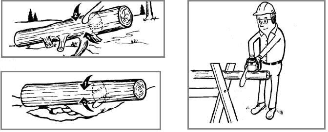 2. Tronco apoiado em uma extremidade: Primeiro, corte por baixo a 1/3 do diâmetro do tronco para evitar que o tronco se despedace.