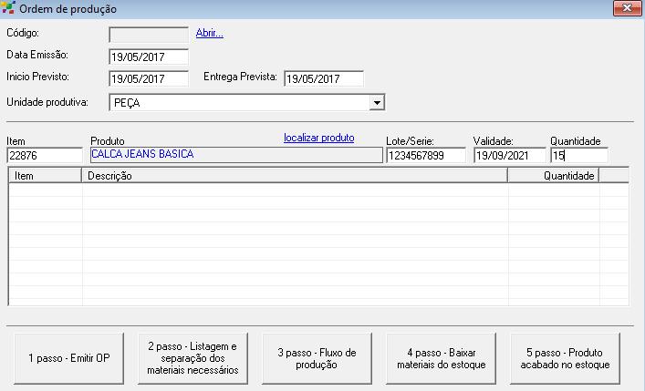 Com o produto selecionando, se preciso, você pode inserir LOTE/SERIE, VALIDADE, e então insira a quantidade que deseja produzir do mesmo e pressione ENTER.