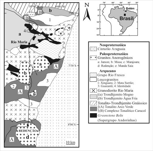 Geologia e petrografia do granito paleoproterozóico... Figura 1. Mapa geológico simplificado do Terreno Granito-Greenstone de Rio Maria (Fontes: HUHN et al., 1988; ALTHOFF et al.