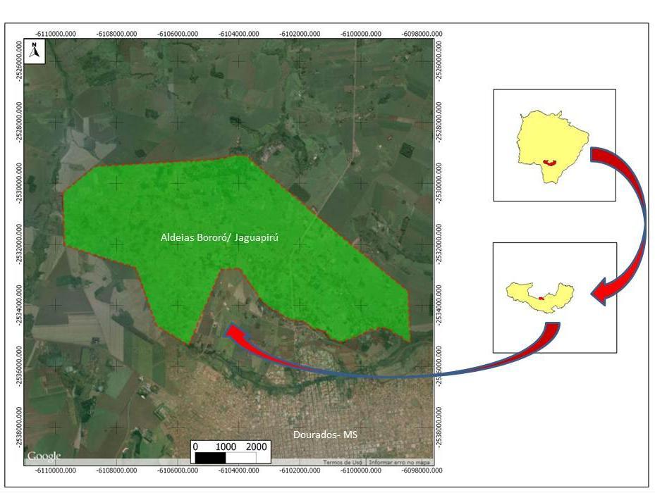 Figura 1. Localização das aldeias Bororó e Jaguapirú no município de Dourados-MS. Edição: Jaine Aparecida Balbino Soares, 2015. Fonte: Google Imagem, 2014 e dados de pesquisa.