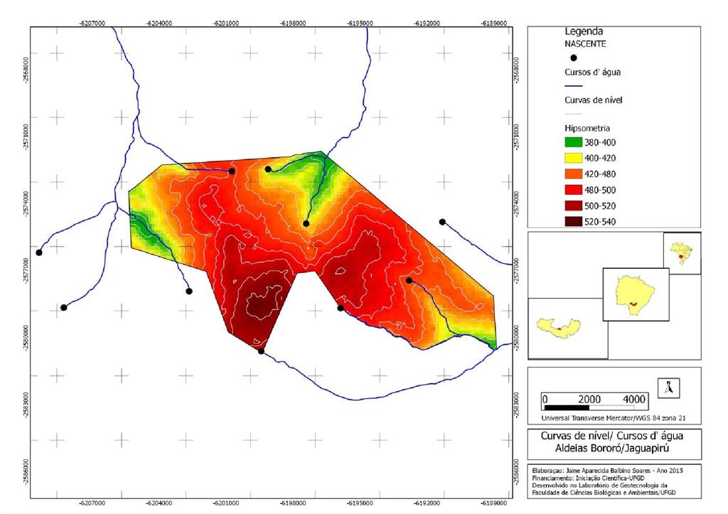Figura 4. Mapa de curva de nível aldeias Bororó/Jaguapirú Dourados - MS. Edição: Jaine Aparecida Balbino Soares, 2015.