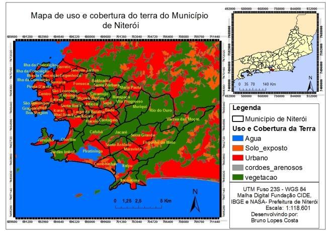 Mapa de uso e cobertura da terra Figura 2: Mapa de Uso e cobertura da Terra CONSIDERAÇÕES FINAIS: O trabalho produziu mapas sobre o município de Niterói, mapas de elevação e uso e cobertura de terra