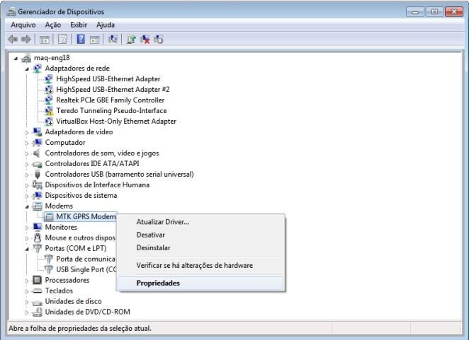2.5- Em "Gerenciador de dispositivos" na aba "Modems" selecione o