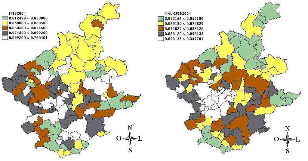 Figura 4 - Mapa da distribuição da variável IPIB na mesorregião Metropolitana de Belo Horizonte - MG, 2004. À esquerda, apresentação da variável por quintil. À direita, média móvel local.