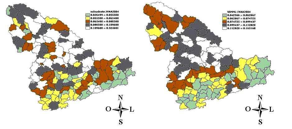 À esquerda, apresentação da variável por quintil. À direita, média móvel local. Fonte: Construído por elaboração própria com base no software TerraView (INPE, 2007).