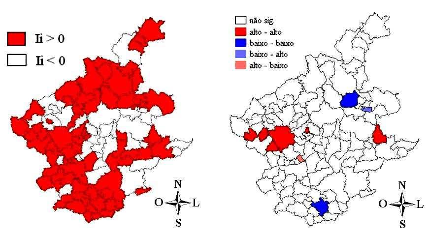 Para examinar padrões numa escala de maior detalhes, sobre a variável IVAA, utilizou-se o índice de Moran local e o Moran Map para cada mesorregião. 2.12.