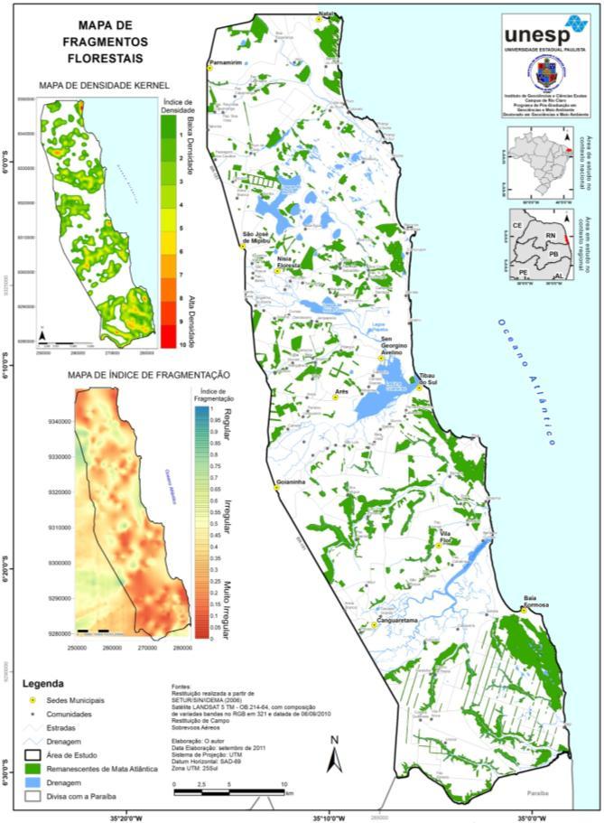 Figura 6 Mapa dos fragmentos florestais mapeados na área de estudo com representação da Densidade Kernel e do Índice de Fragmentação.