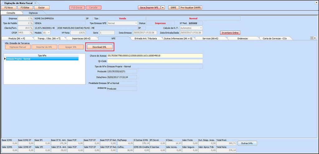 3 Novo botão na aba NFE (Tela de digitação de Notas Fiscais) Caminho: FiscalNFe CadastroNFe-Digitação (Aba NFE) Implementado um botão denominado Download XML que permitirá que o usuário efetue a