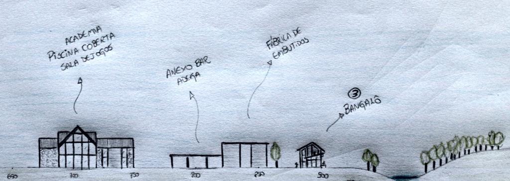 4 Respeito à margem do rio 50m de recuo 6 Fechamentos de sobre as piscinas 4 5 7 8 4 Piscina/ jogos- Área de lazer coberta 5 Pub 6 Fábrica de embutidos 7 Bangalô 8 Área de preservação Corte