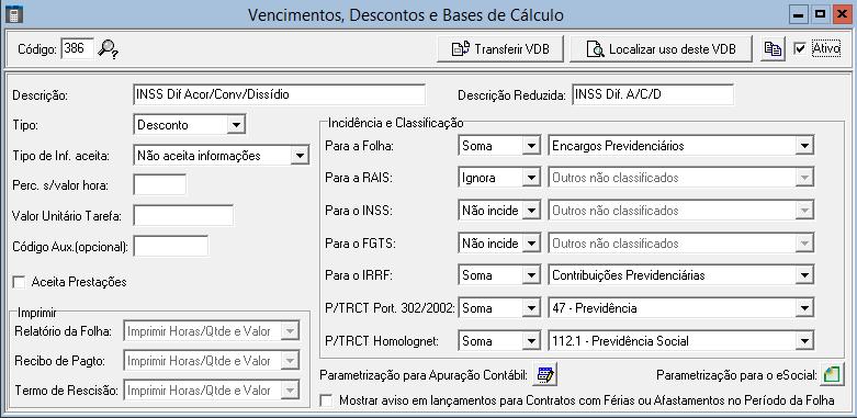 Esses VDB deverão ser do Tipo Desconto De acordo com a classificação e incidência do VDB 192 - Diferença